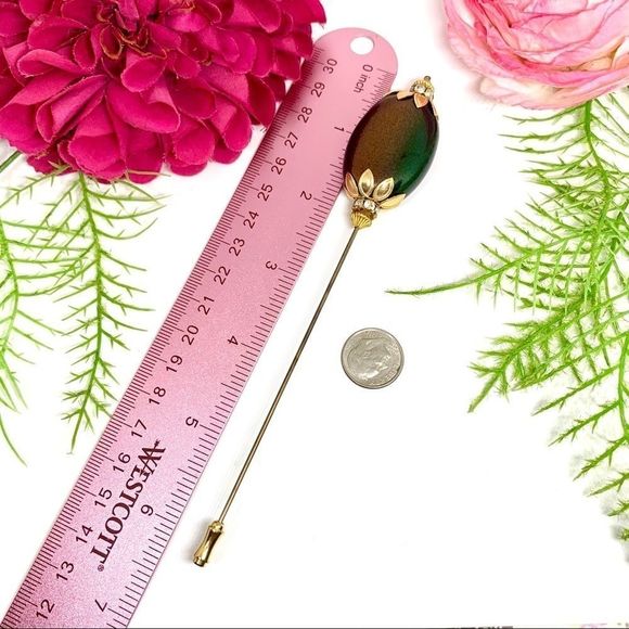 VINTAGE⚜️Kaleidoscope Cabochon Filigree Hat Pin - Picture 8 of 10